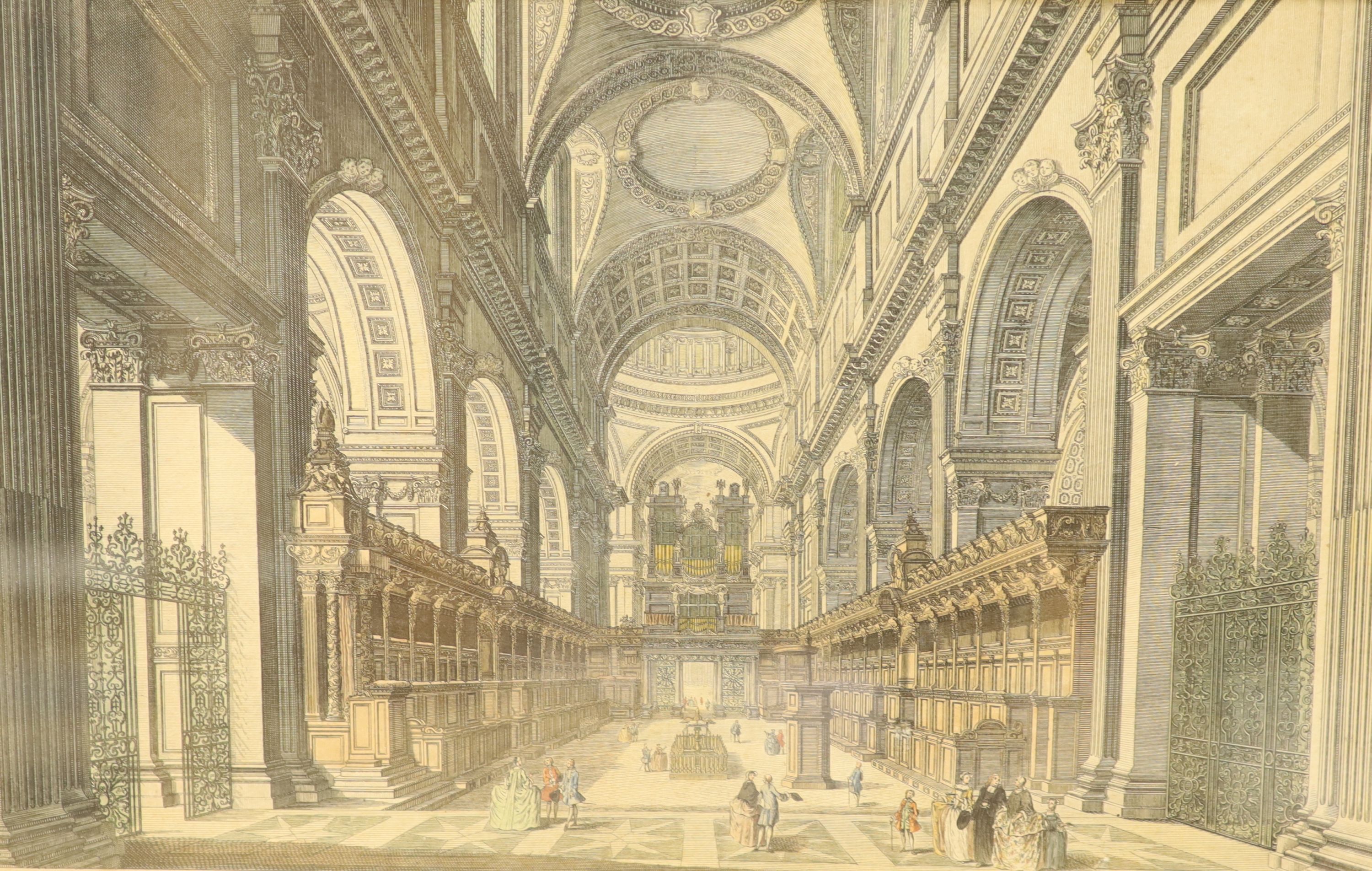 Four assorted 18th century hand coloured engravings of St Paul's Cathedral after Cole and Bowles, largest 32 x 43cm